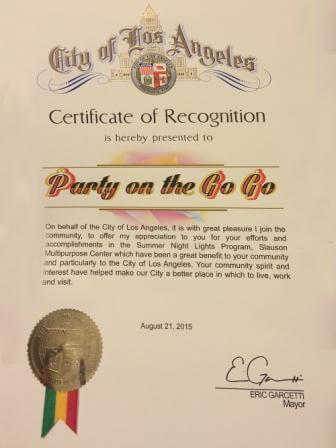 city of los angeles recognition of party on the gogo game truck